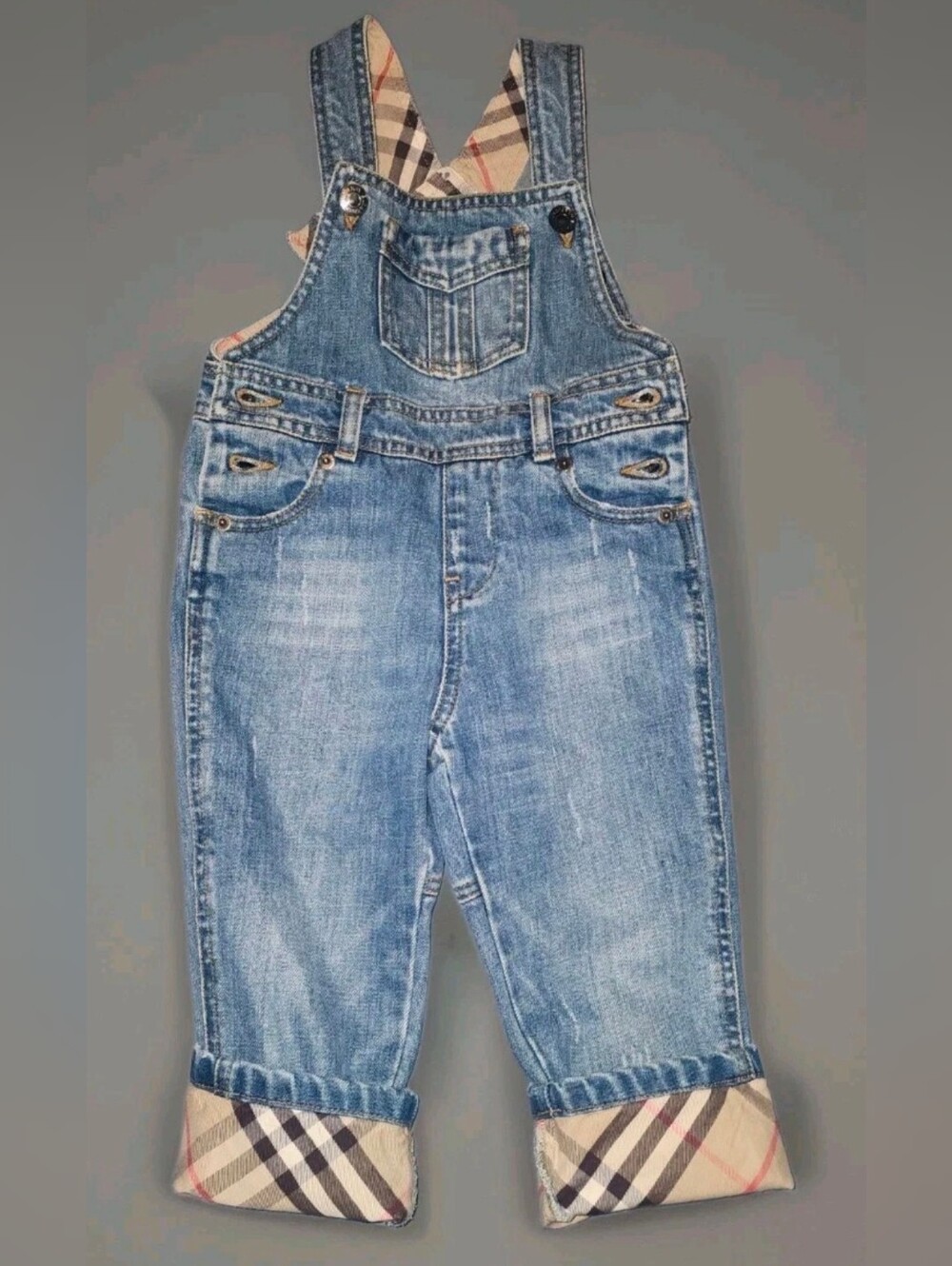 Burberry Baby Denim Overalls 18M 86cm Check Plaid Made in Spain